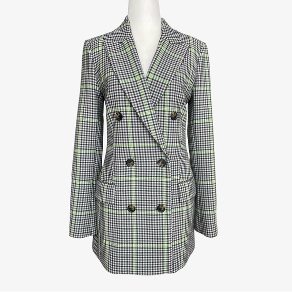 Aritzia x Wilfred Margaux Gray Green Houndstooth Double-Breasted Blazer Sz 2 EUC - Picture 2 of 16